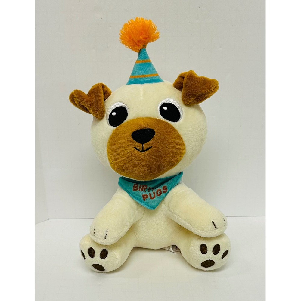American Greetings Birthday Pugs Plush Dog Cream Brown Party Hat Bandana 10 inch